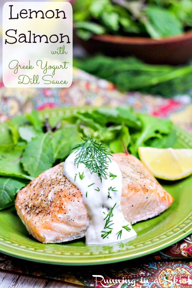 Baked Lemon Salmon with Creamy Dill Sauce on a green plate.