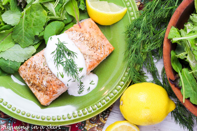 Baked Lemon Salmon with Creamy Greek Yogurt Dill Sauce Recipe « Running