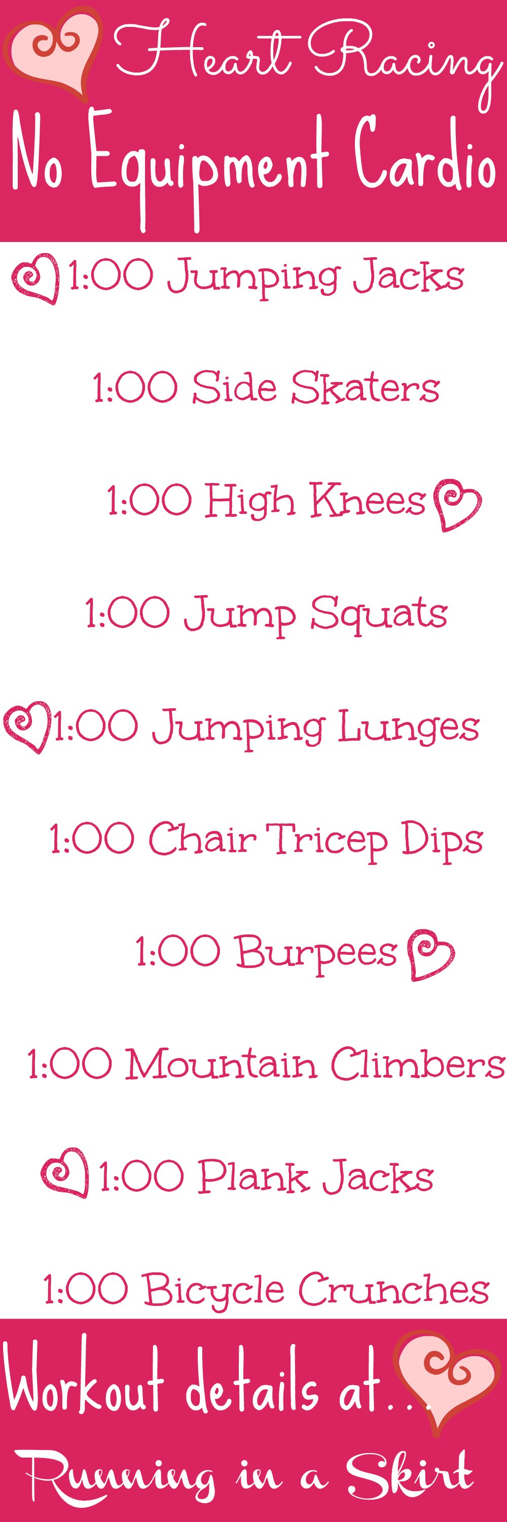 Heart Racing No Equipment Cardio Workout. Simple, effective cardio workout that you can do at home- involves NO running! Get your fitness on and heart rate up! | Running in a Skirt via @juliewunder