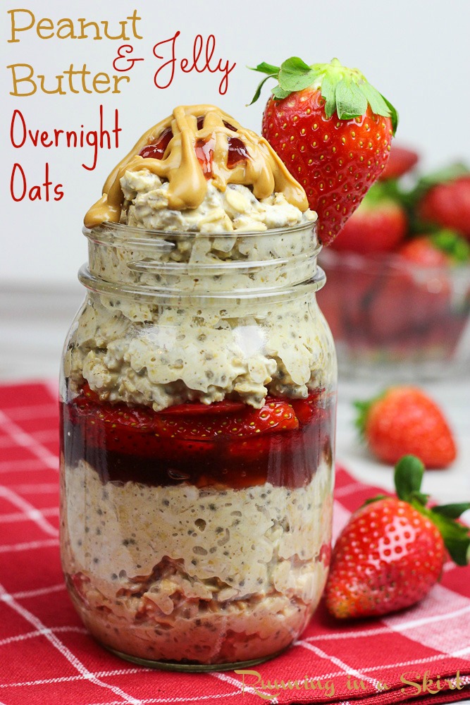 Healthy Peanut Butter and Jelly Overnight Oats recipe with chia seeds!-- Your all time favorite sandwhich in a healthy, easy and delicous breakfast package!