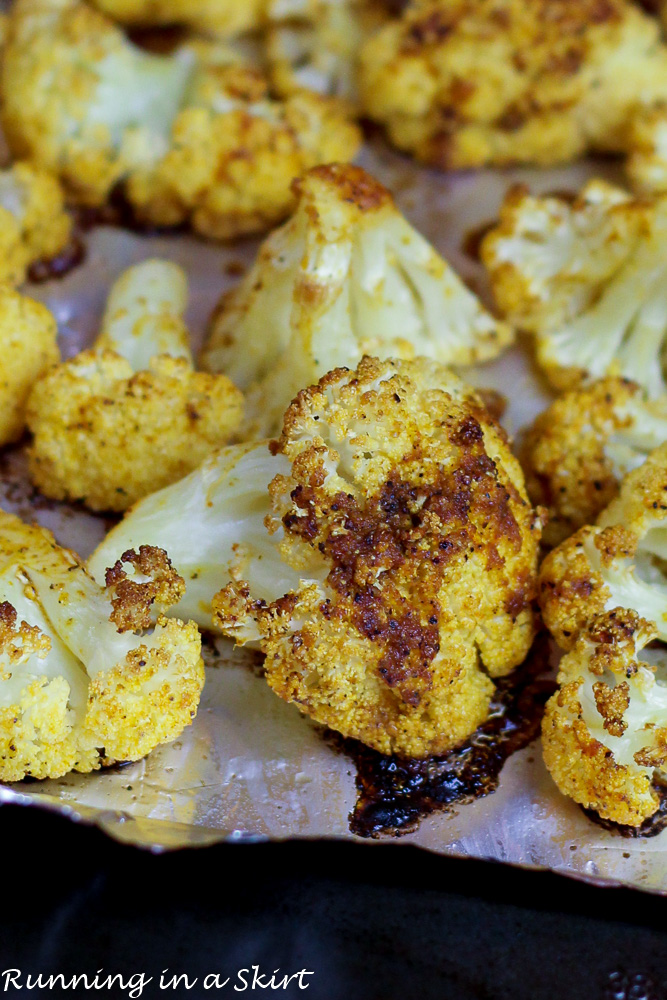 Process photos showing how to roast the cauliflower on the pan.
