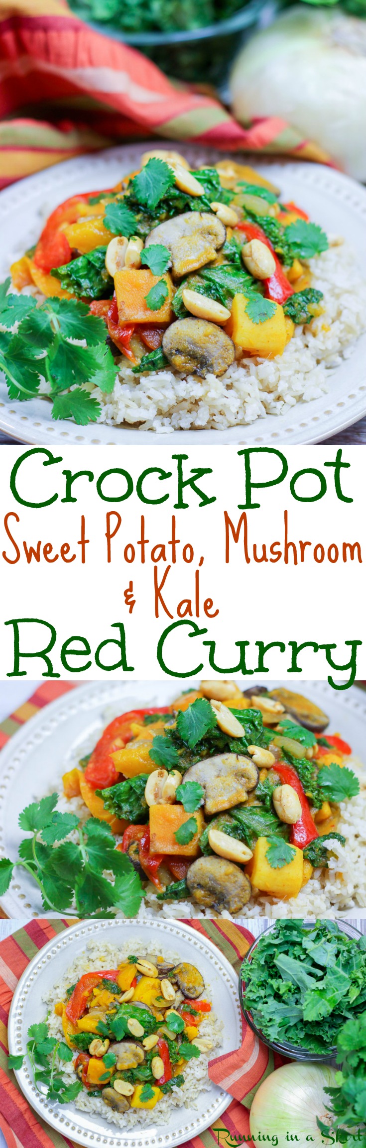 Vegetarian Crock Pot Curry recipe - with coconut milk, sweet potato, mushrooms & kale. Thai takeout flavors at home in a crockpot meals - easy, healthy and perfect for families. Simple, clean eating and low carb without the rice. Great for vegans and gluten free. / Running in a Skirt via @juliewunder