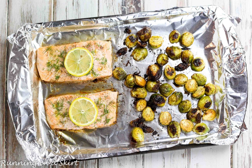 Easy One Pan Meals - Salmon and Brussels Sprout Bake recipe - only 6 ingredients! / Running in a Skirt