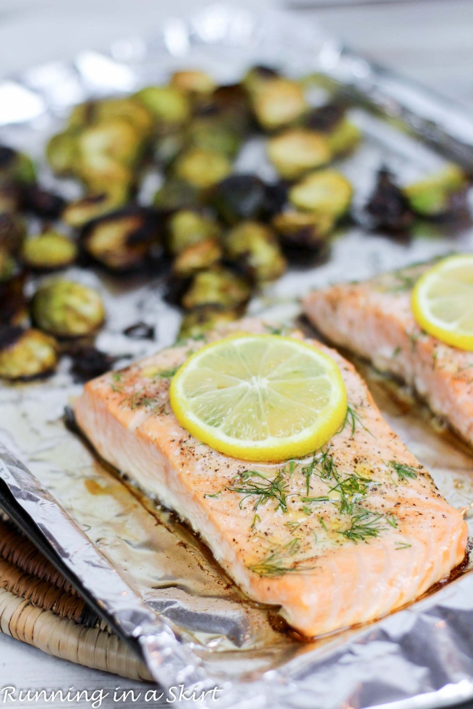 Easy One Pan Meals - Salmon and Brussels Sprout Bake recipe - only 6 ingredients! / Running in a Skirt