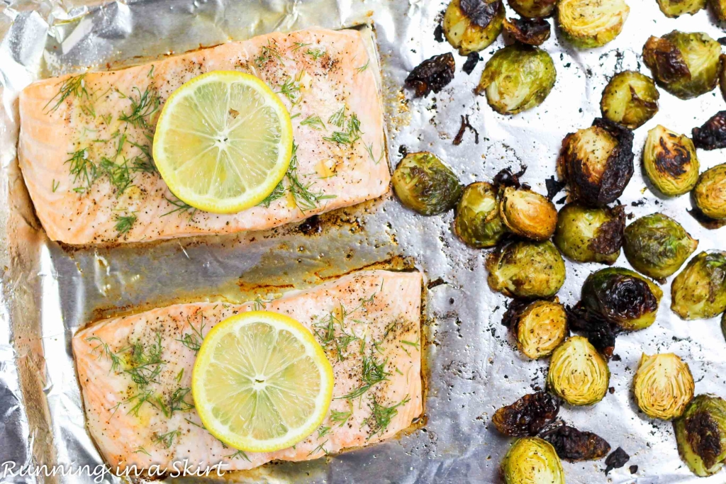 Easy One Pan Meals - Salmon and Brussels Sprout Bake recipe - only 6 ingredients! / Running in a Skirt