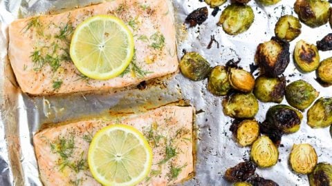 Easy One Pan Meals - Salmon and Brussels Sprout Bake recipe - only 6 ingredients! / Running in a Skirt