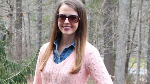 Peach Cable Knit Sweater & Denim Shirt/ Running in a Skirt