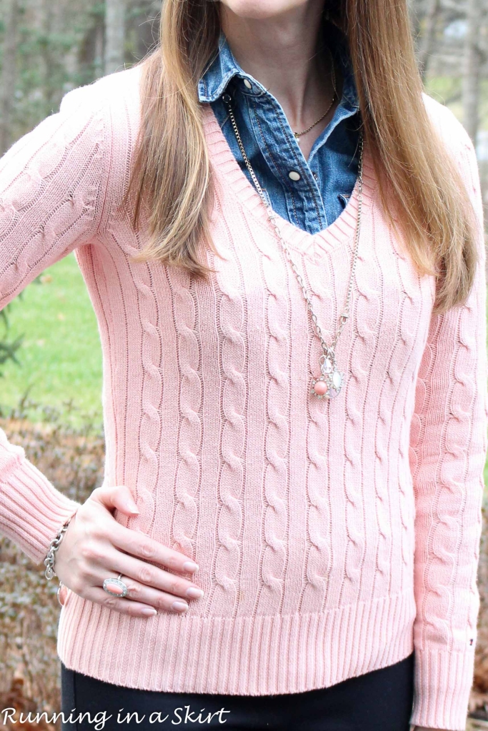 Peach Cable Knit Sweater & Denim Shirt/ Running in a Skirt