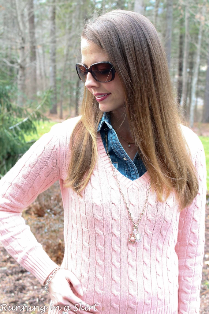 Peach Cable Knit Sweater & Denim Shirt/ Running in a Skirt