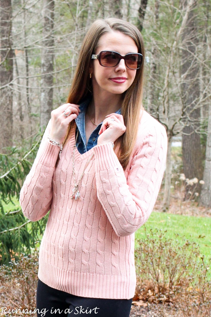 Peach Cable Knit Sweater & Denim Shirt/ Running in a Skirt