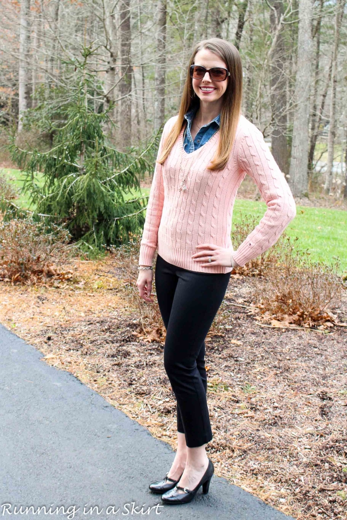 Peach Cable Knit Sweater & Denim Shirt/ Running in a Skirt