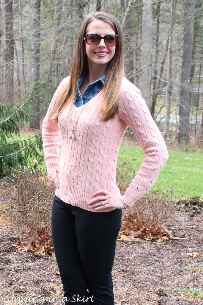 Peach Cable Knit Sweater & Denim Shirt/ Running in a Skirt