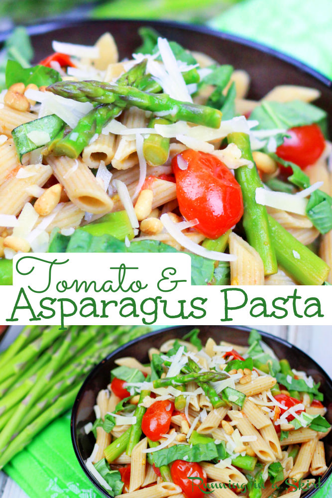 Asparagus Pasta Recipe with cherry Tomato, pine nuts and parmesan. Simple, easy, healthy, quick, clean eating vegetarian dinner made in 20 minutes. Perfect for spring or summer. Looking for vegetarian pasta dinner ideas? This is it! / Running in a Skirt #vegetarian #healthyrecipes #asparagus #pasta #dinnerrecipes via @juliewunder