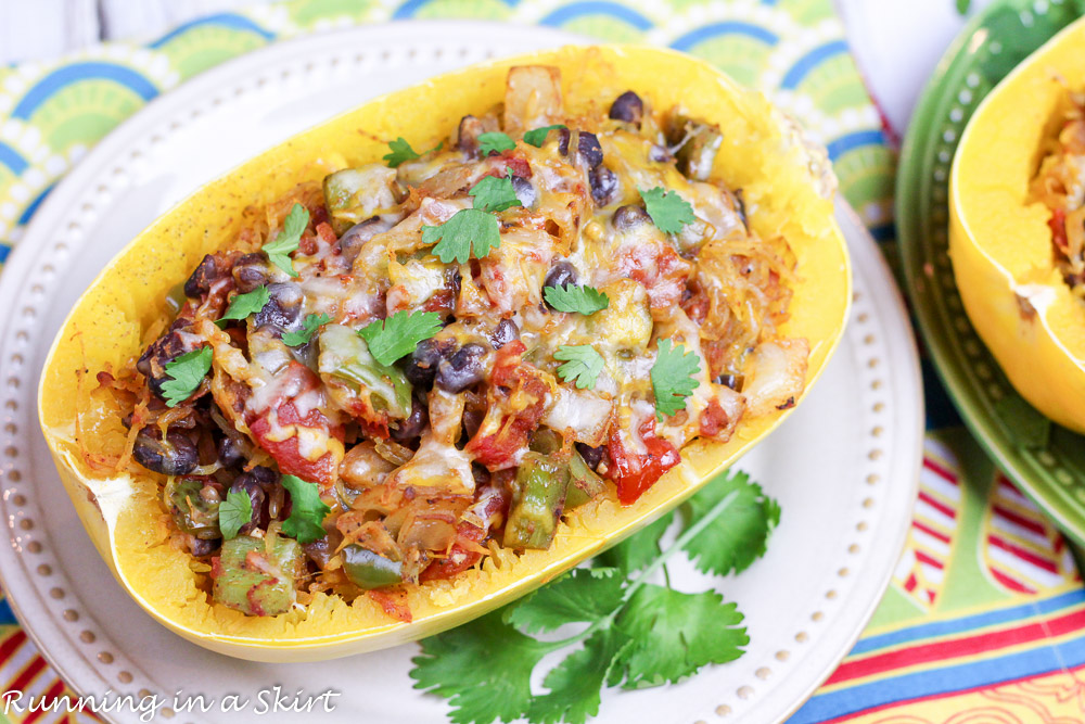 Mexican Stuffed Spaghetti Squash Vegetarian on a white plate.