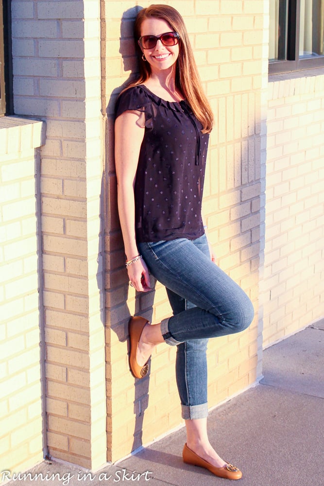 Navy Sheer Shirt and Jeans / Running in a Skirt