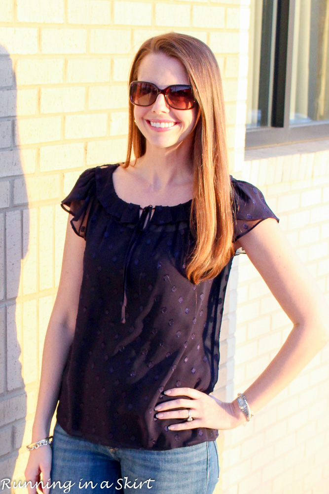 Navy Sheer Shirt and Jeans / Running in a Skirt