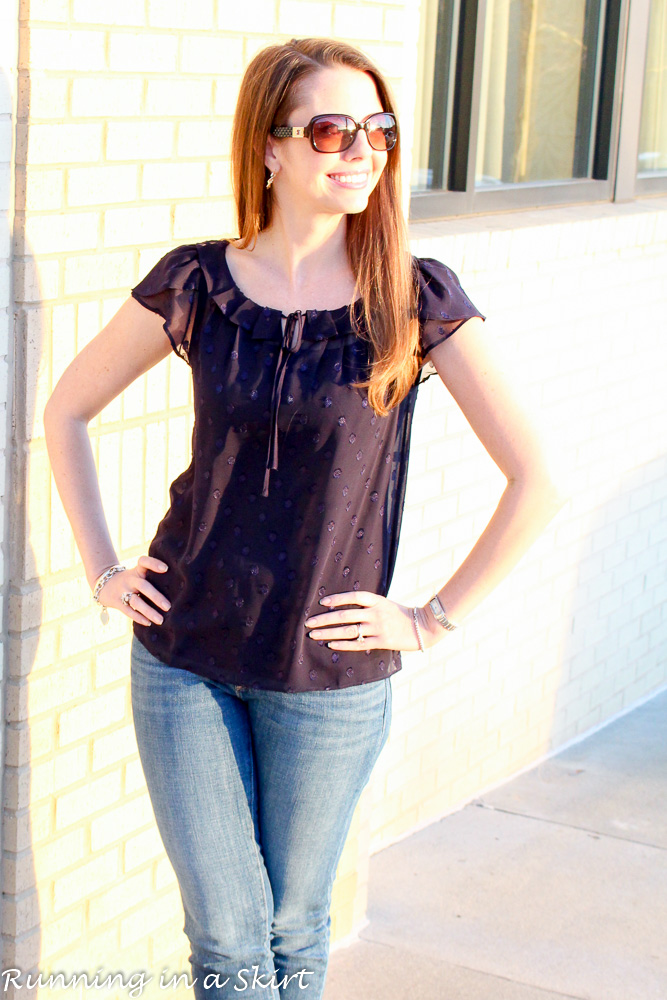 Navy Sheer Shirt and Jeans / Running in a Skirt