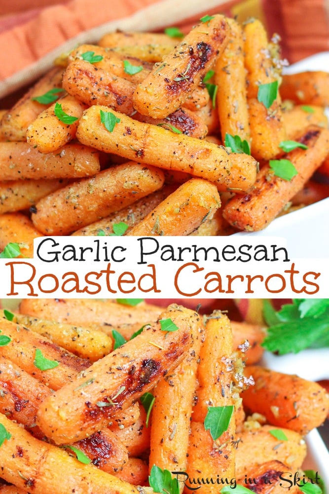 Garlic Parmesan Roasted Carrots recipe - oven roasted to perfection! Crispy, healthy and so tasty.  Made on a sheet pan and includes how to roast baby carrots instructions  So tasty. / Running in a Skirt  #vegetarian #healthy #recipe #sheetpan via @juliewunder