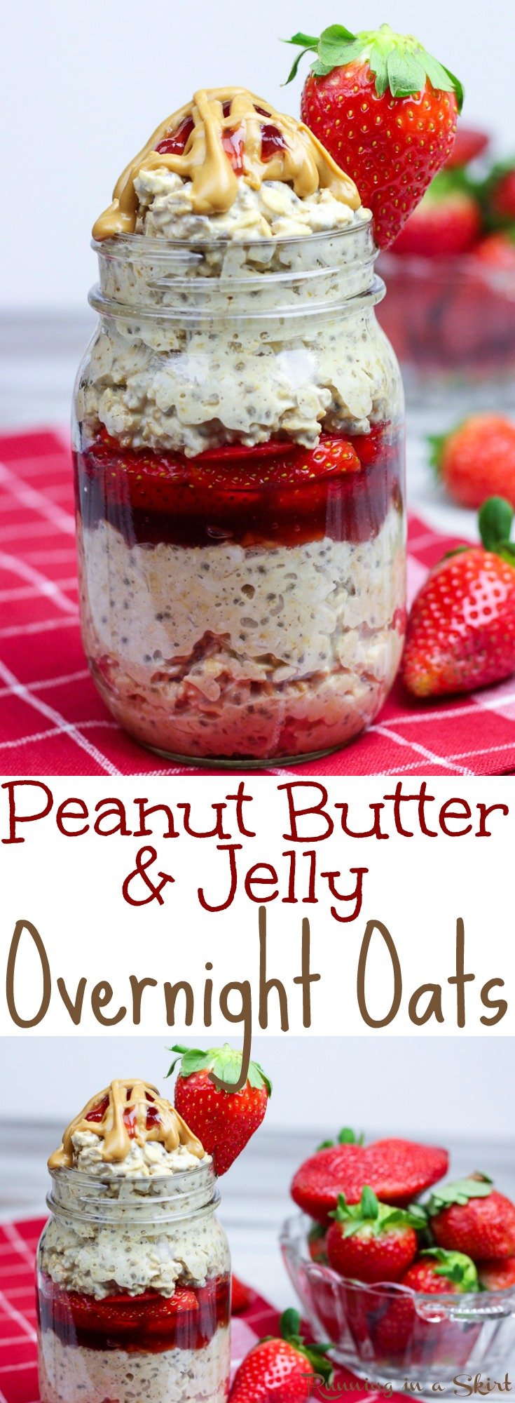 Healthy Peanut Butter and Jelly Overnight Oats recipe in a Jar- easy, only 6 ingredients! Filled with chia seeds, strawberry and oatmeal this is the perfect way to start your mornings for families. Without yogurt making it vegan, dairy free and adaptable to gluten free with the right oats! / Running in a Skirt via @juliewunder