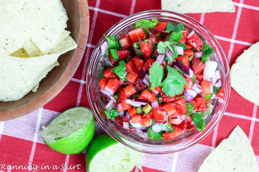 Strawberry Salsa Recipe, healthy, easy and fresh! The perfect fruit salsa for summer. Has jalapenos but you can sub those for bell peppers or poblanos if you don't like it spicy./ Running in a Skirt