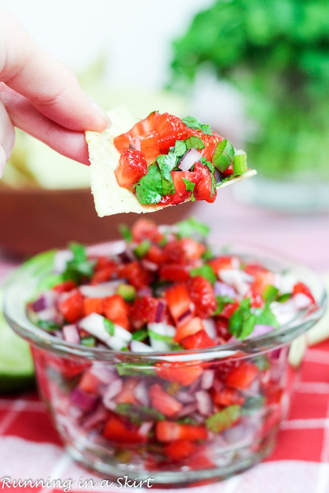 Strawberry Salsa Recipe, healthy, easy and fresh! The perfect fruit salsa for summer. Has jalapenos but you can sub those for bell peppers or poblanos if you don't like it spicy./ Running in a Skirt