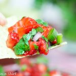 Strawberry Salsa Recipe, healthy, easy and fresh! The perfect fruit salsa for summer. Has jalapenos but you can sub those for bell peppers or poblanos if you don't like it spicy./ Running in a Skirt