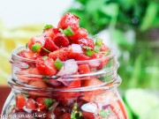Strawberry Salsa Recipe, healthy, easy and fresh! The perfect fruit salsa for summer. Has jalapenos but you can sub those for bell peppers or poblanos if you don't like it spicy./ Running in a Skirt