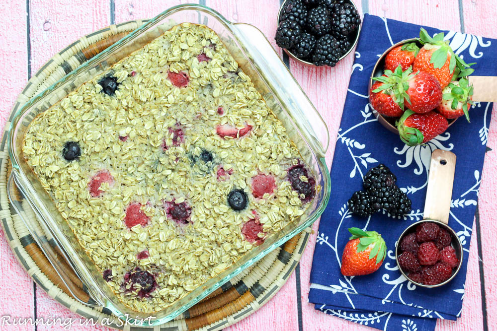 Healthy Triple Berry Baked Oatmeal recipe- Baked Oatmeal with Fruit- Easy, healthy no sugar breakfast. Uses banana as a sweetener. Loaded with blueberry, strawberry and raspberry/ Running in a Skirt
