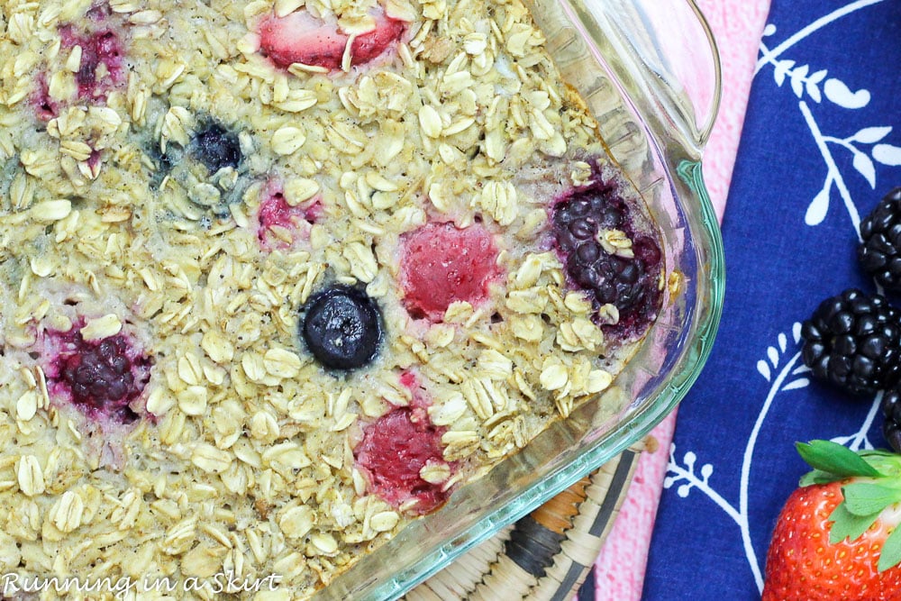 Healthy Triple Berry Baked Oatmeal recipe- Baked Oatmeal with Fruit- Easy, healthy no sugar breakfast. Uses banana as a sweetener. Loaded with blueberry, strawberry and raspberry/ Running in a Skirt