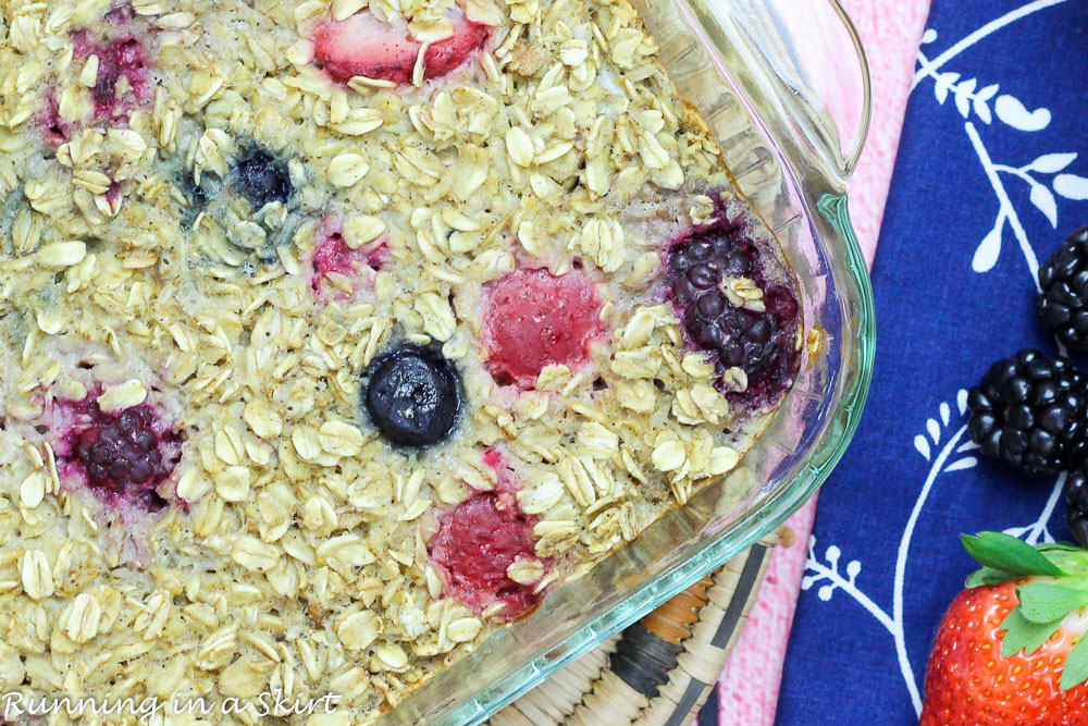 Healthy Triple Berry Baked Oatmeal recipe- Baked Oatmeal with Fruit- Easy, healthy no sugar breakfast. Uses banana as a sweetener. Loaded with blueberry, strawberry and raspberry/ Running in a Skirt