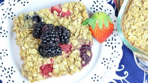 Healthy Triple Berry Baked Oatmeal recipe- Baked Oatmeal with Fruit- Easy, healthy no sugar breakfast. Uses banana as a sweetener. Loaded with blueberry, strawberry and raspberry/ Running in a Skirt