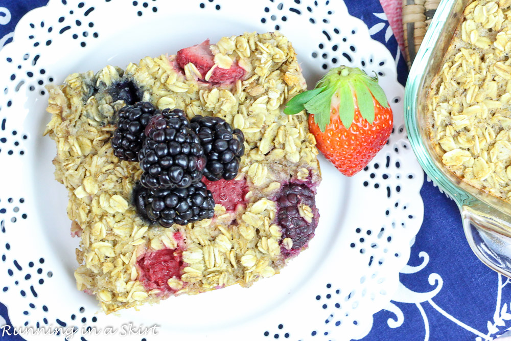 Healthy Triple Berry Baked Oatmeal recipe- Baked Oatmeal with Fruit- Easy, healthy no sugar breakfast. Uses banana as a sweetener. Loaded with blueberry, strawberry and raspberry/ Running in a Skirt