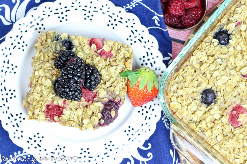 Healthy Triple Berry Baked Oatmeal recipe- Baked Oatmeal with Fruit- Easy, healthy no sugar breakfast. Uses banana as a sweetener. Loaded with blueberry, strawberry and raspberry/ Running in a Skirt