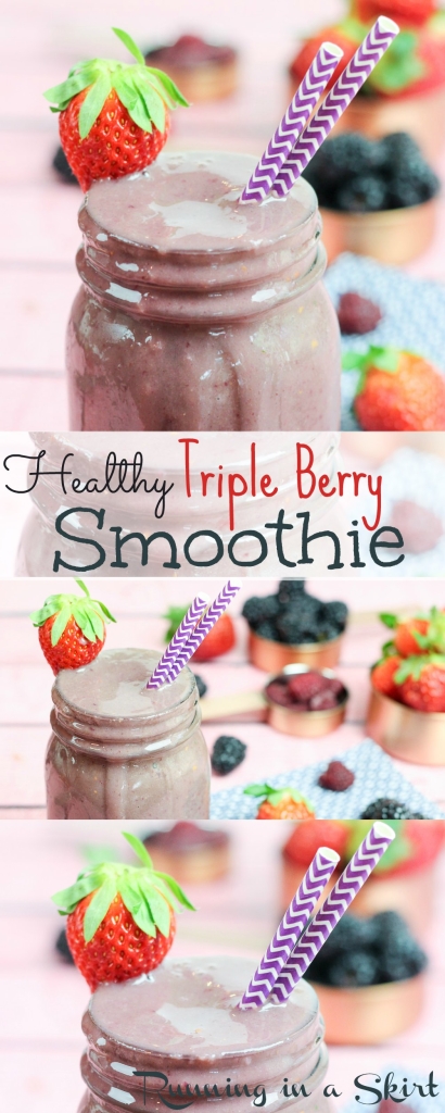 Triple Berry Smoothie Recipe - healthy smoothie perfect for breakfast or snack. Uses almond milk, banana and blueberry, raspberry, strawberry and spinach. / Running in a Skirt