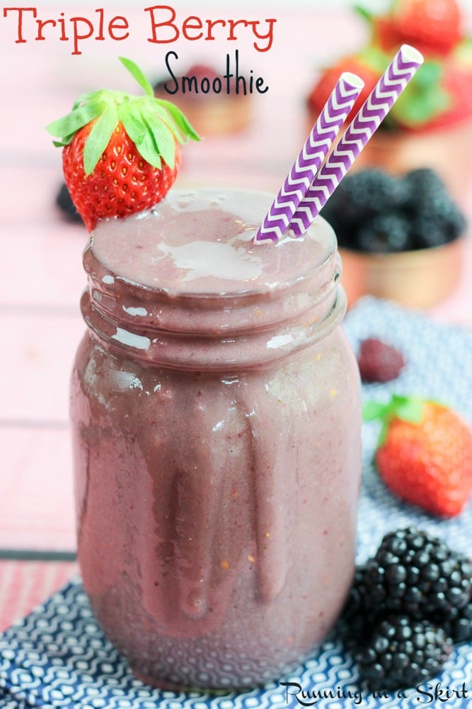 Triple Berry Smoothie Recipe - healthy smoothie perfect for breakfast or snack. Uses almond milk, banana and blueberry, raspberry, strawberry and spinach. / Running in a Skirt