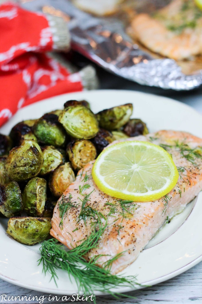 Easy One Pan Meals - Salmon and Brussels Sprout Bake recipe - only 6 ingredients! / Running in a Skirt