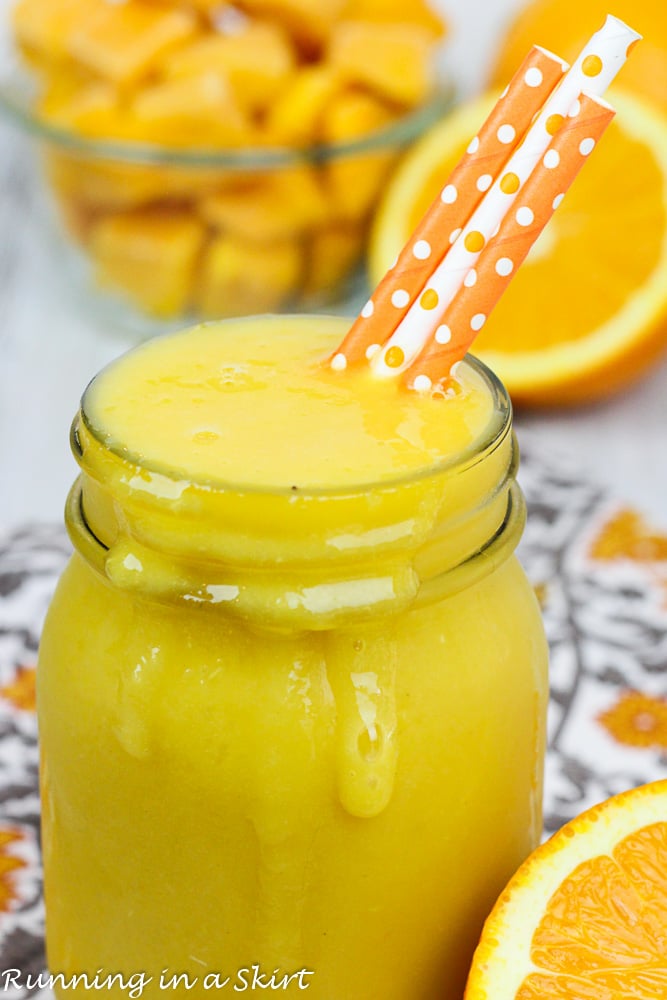 Orange Mango Smoothie in a glass jar.