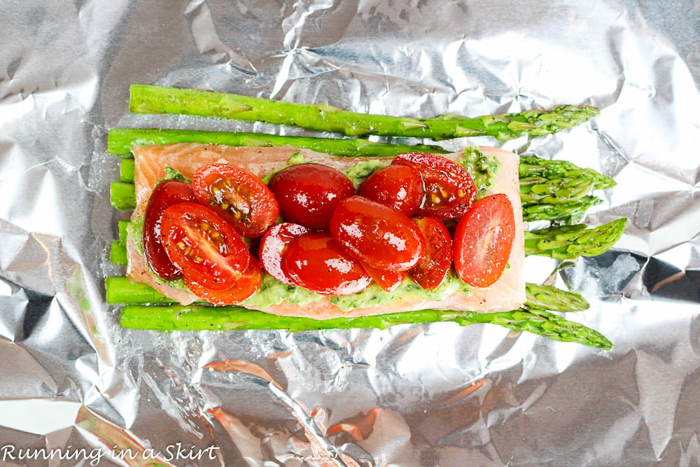 Salmon and Vegetables in Foil. Fresh asparagus and tomato! Only 6 Ingredients/ Running in a Skirt