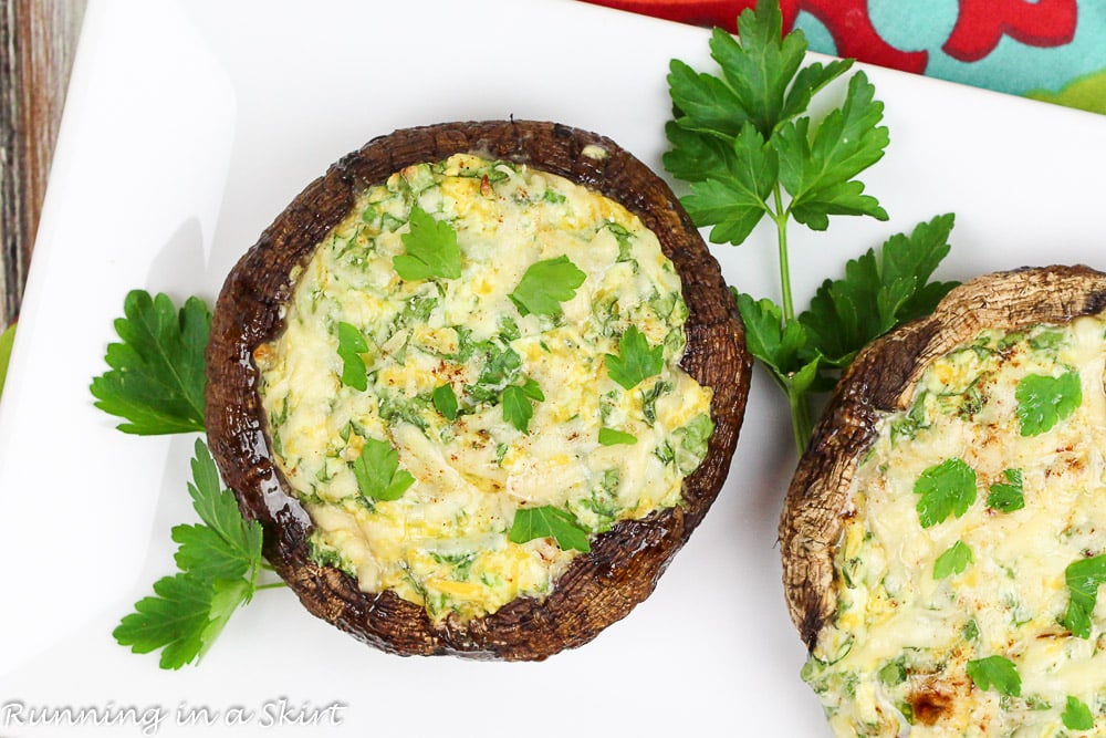 Portobello Mushroom Cap Recipe: 3 Cheese & Spinach Stuffed Mushrooms overhead shot.