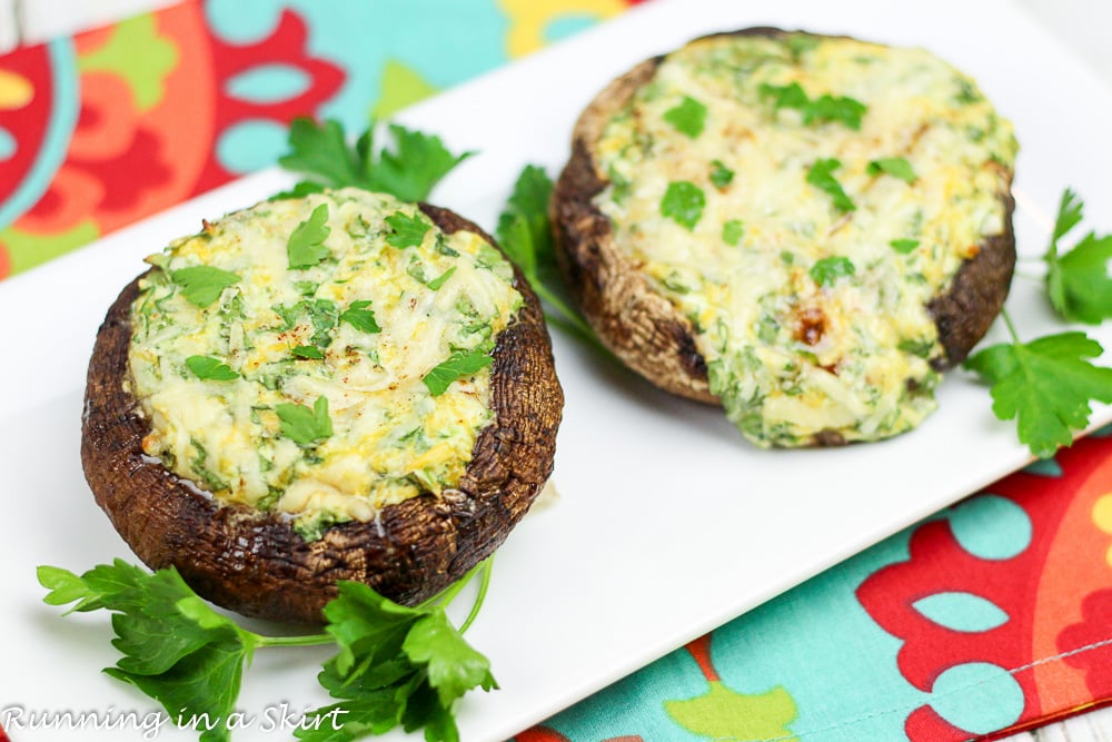 Portobello Mushroom Cap Recipe: 3 Cheese & Spinach Stuffed Mushrooms on a plate.