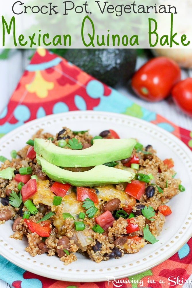 Crock Pot Vegetarian Mexican Quinoa Casserole recipe. A healthy and easy Mexican dinner casserole with an easy vegan option. Made in the slow cooker / crockpot and great as a bowl, tacos, burrito or even bowl. Filled with black beans and seasoning. / Running in a Skirt #healthy #vegetarian #vegan #vegetarianrecipe #pescatarian #healthyliving #crockpot #slowcooker #vegetariancrockpot via @juliewunder
