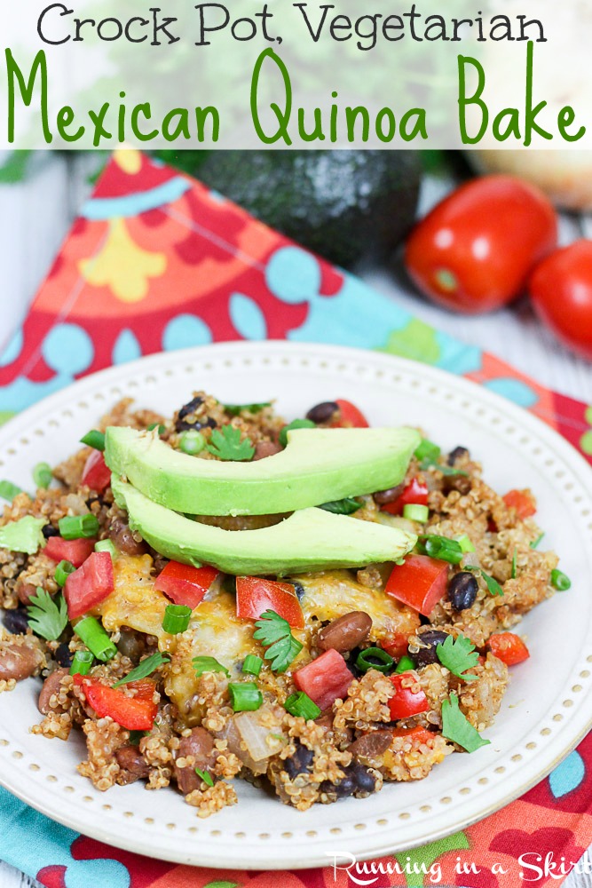 Crock Pot Vegetarian Mexican Quinoa Casserole recipe. A healthy and easy Mexican dinner casserole with an easy vegan option. Made in the slow cooker / crockpot and great as a bowl, tacos, burrito or even bowl. Filled with black beans and seasoning. / Running in a Skirt #healthy #vegetarian #vegan #vegetarianrecipe #pescatarian #healthyliving #crockpot #slowcooker #vegetariancrockpot via @juliewunder