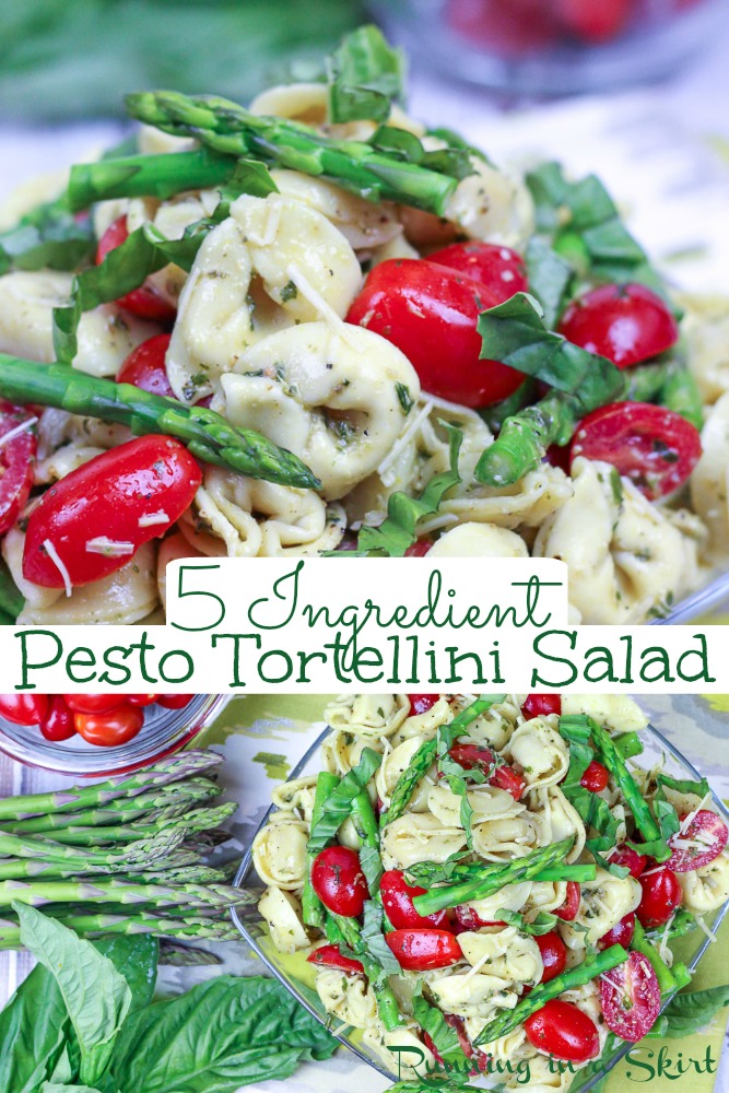 Pesto Tortellini Salad recipe- only 5 Ingredients. Simple and easy with asparagus, tomato, and basil and Italian flavors. Serve cold or warm for the perfect healthy summer pasta salad. Vegetarian. / Running in a Skirt #pastasalad #healthy #vegetarian #recipe #pesto via @juliewunder