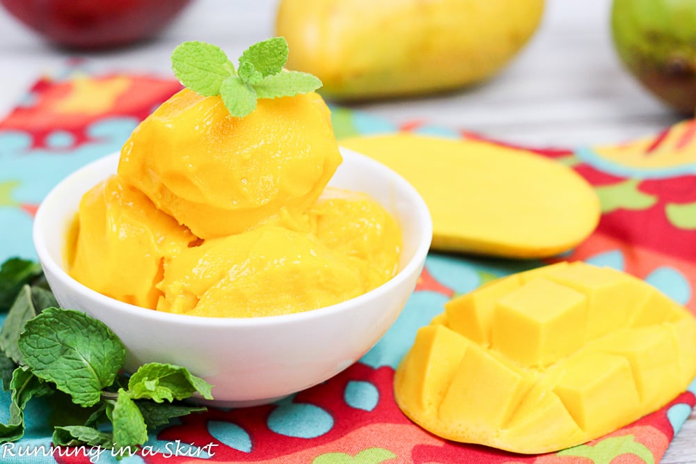 A white bowl of mango sorbet.