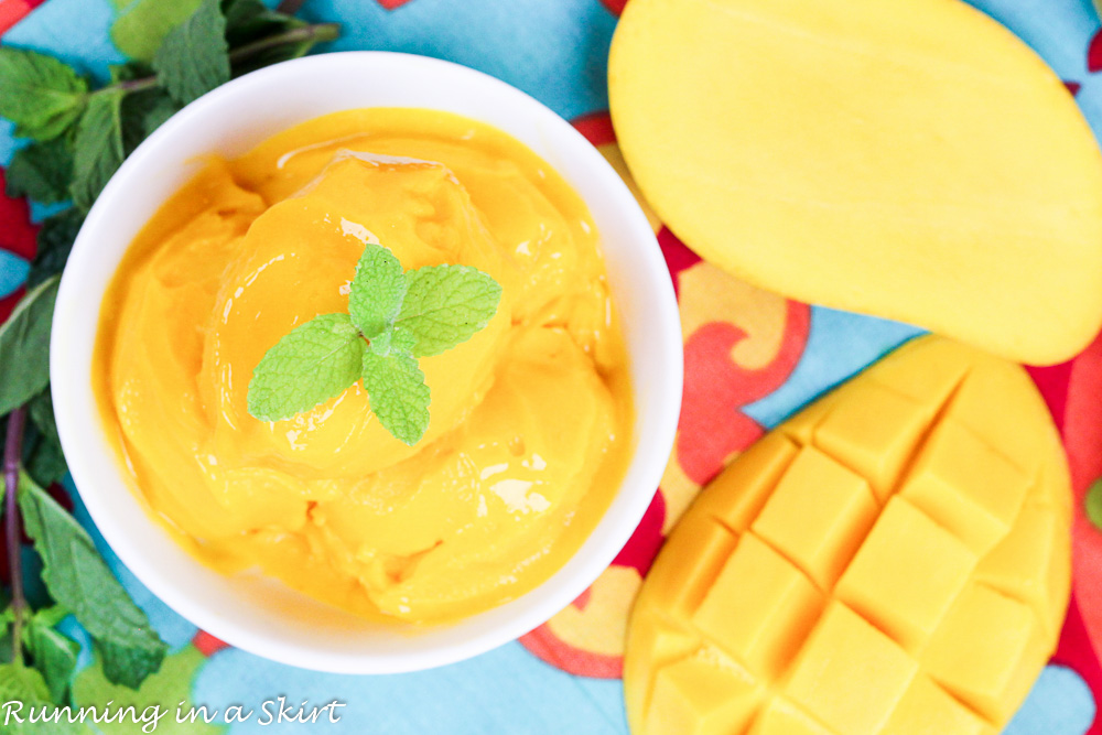 White bowl of mango sorbet.