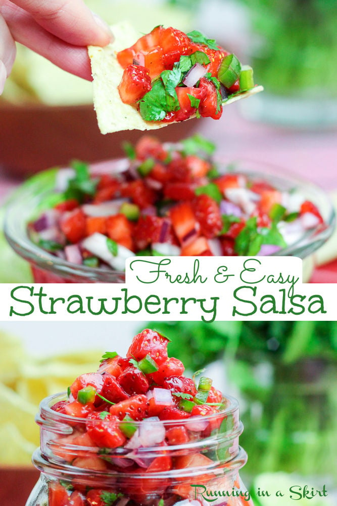 Strawberry Salsa recipe- Only 5 Ingredients! The best fresh Fruit Salsa with berries, jalapeno, lime, cilantro and red onion. Serve this healthy, clean eating, easy and simple recipe with tortilla chips, with cinnamon chips, fish tacos, chicken or salmon or as a topping for fish like mahi mahi. Delicious Mexican flavors! Gluten Free, Vegetarian, Vegan, Dairy Free / Running in a Skirt #fruitsalsa #strawberry #salsa #mexican #5ingredientrecipe via @juliewunder