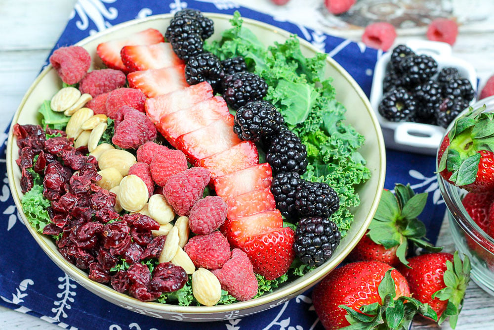 Summer Kale Salad recipe with berries and white balsamic dressing / Running in a Skirt