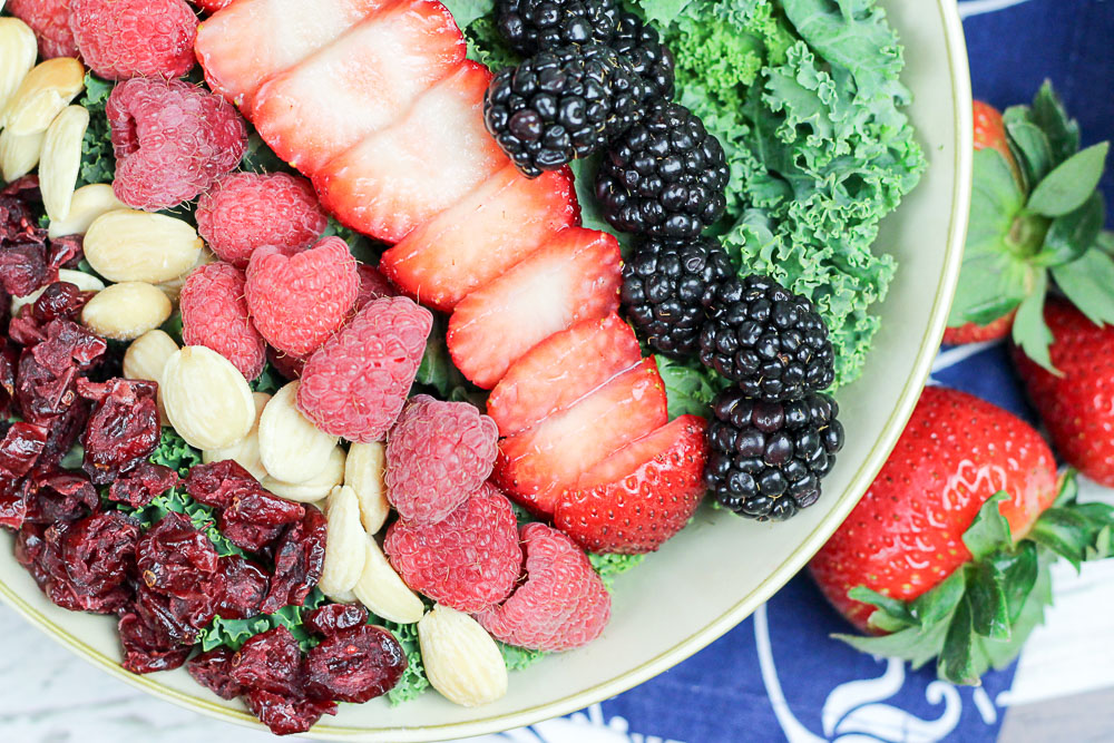 Summer Kale Salad recipe with berries and white balsamic dressing / Running in a Skirt