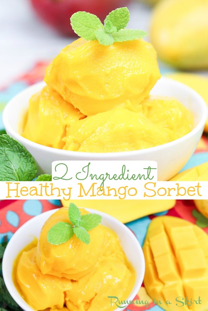 Healthy Mango Sorbet recipe - only 2 Ingredients! This healthy sorbet is easy, simple and homemade. Vegan, dairy free and sugar free. Quick and made with fresh or frozen fruit. The perfect healthy mango dessert. / Running in a Skirt #vegan #dairyfree #sugarfree #2ingredients #mango via @juliewunder