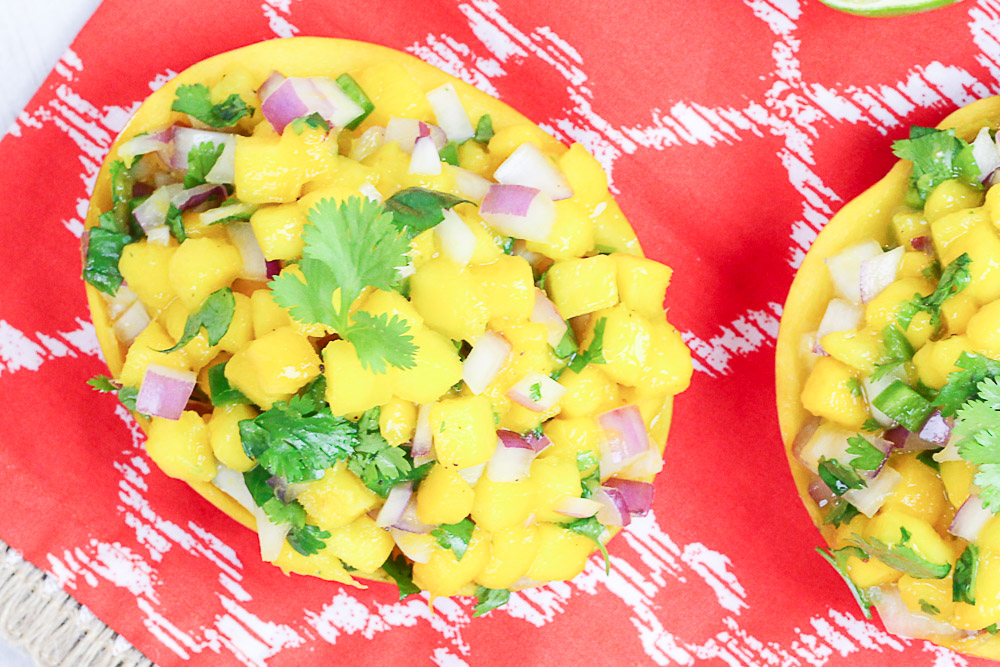 5 Ingredient Fresh Mango Salsa in mango cups / Running in a Skirt